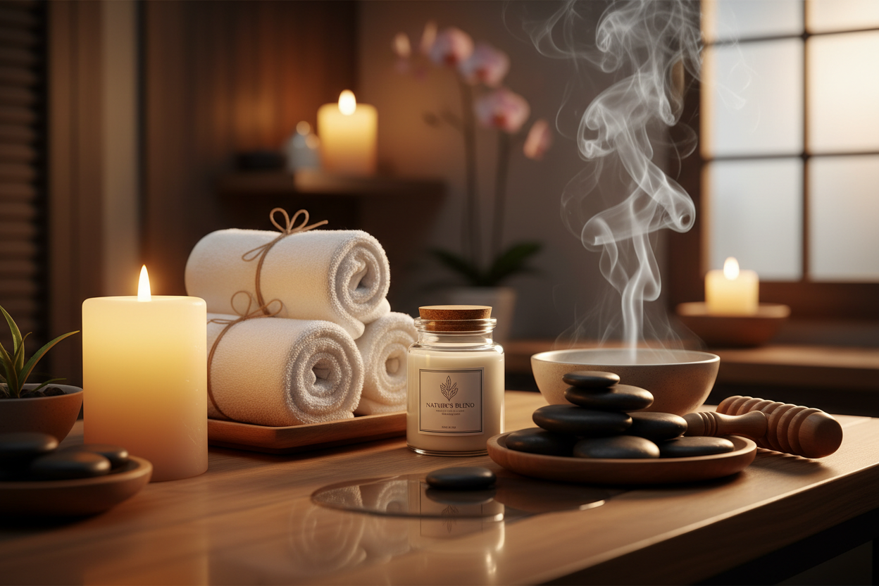 Spa scene with candle , towel , lotion , massage  tool, soft steam, warm glow